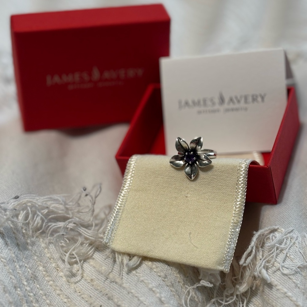 RETIRED James Avery Silver Floral Ring with amethyst birthstone